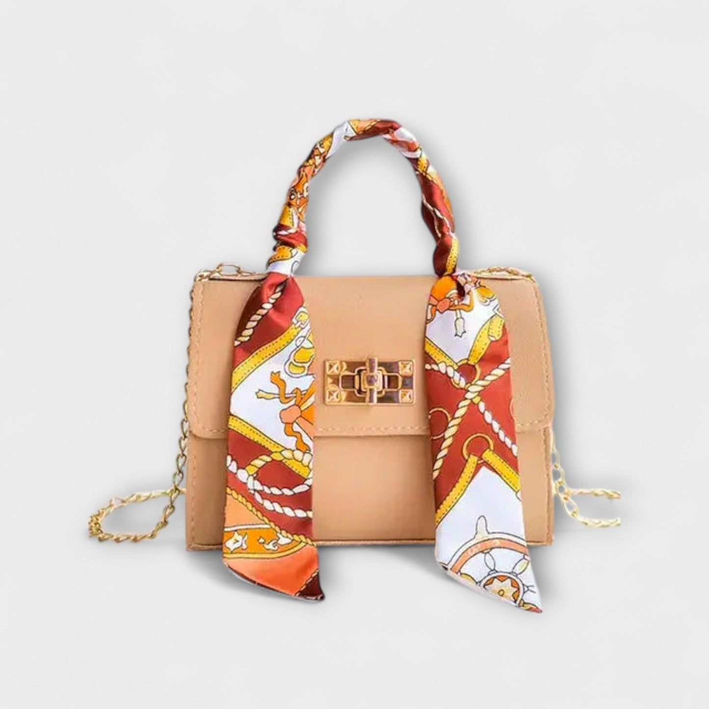 Aurellia Handbag - Brown Leather, Gold Closure, Scarf Handle, Stylish and Versatile