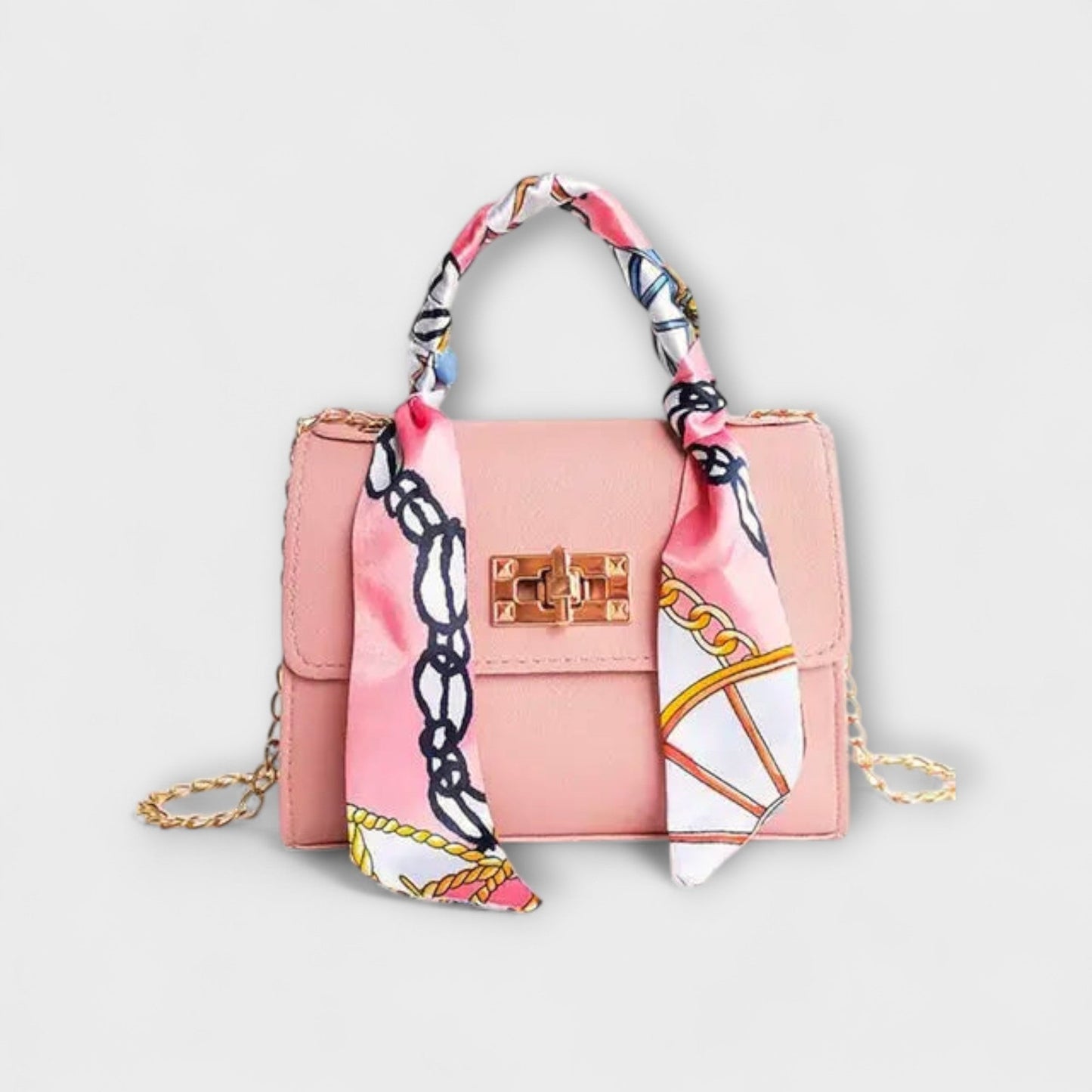 Aurellia Handbag - Brown Leather, Gold Closure, Scarf Handle, Stylish and Versatile