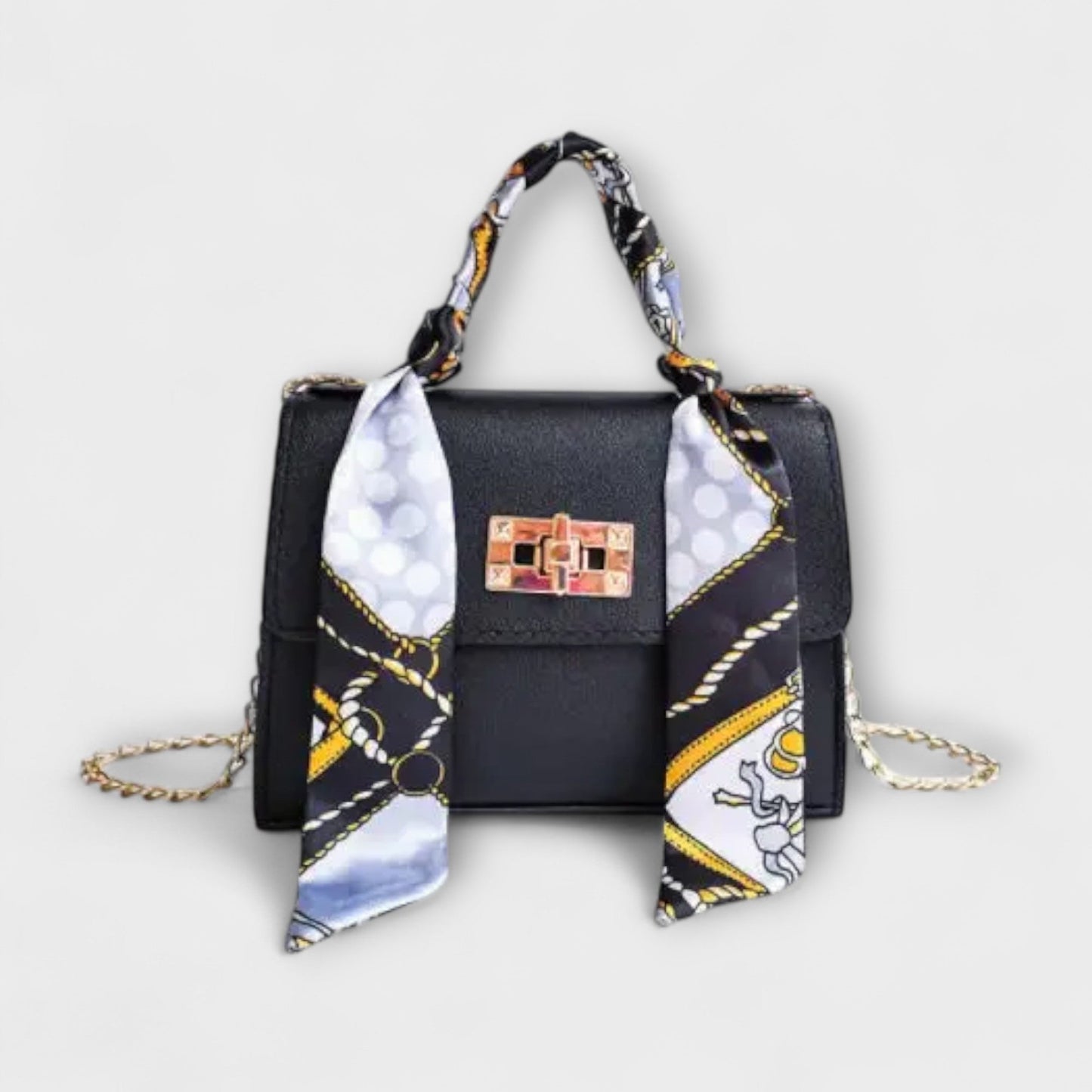 Aurellia Handbag - Brown Leather, Gold Closure, Scarf Handle, Stylish and Versatile
