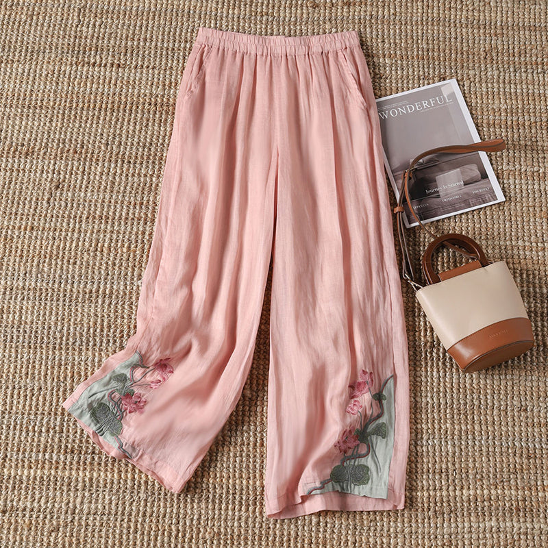 【100% Cotton】 Casual Trousers with Embroidered Flowers