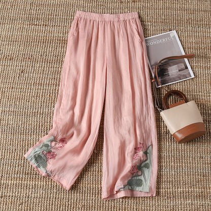 【100% Cotton】 Casual Trousers with Embroidered Flowers