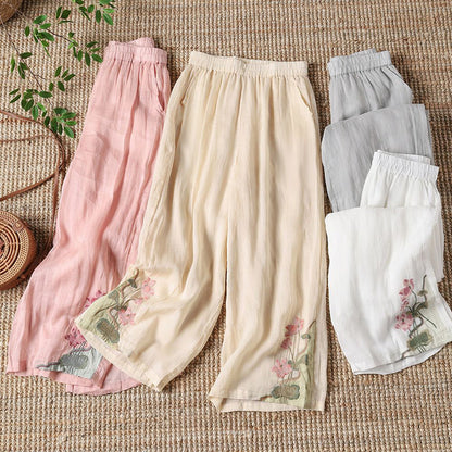 【100% Cotton】 Casual Trousers with Embroidered Flowers