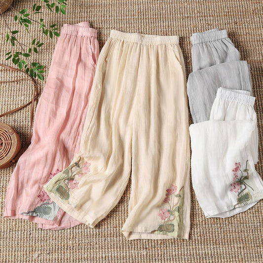 【100% Cotton】 Casual Trousers with Embroidered Flowers
