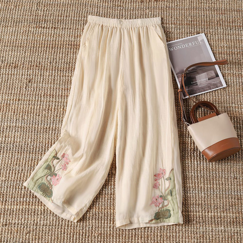 【100% Cotton】 Casual Trousers with Embroidered Flowers