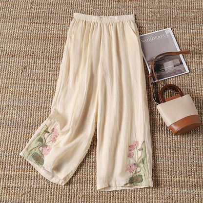 【100% Cotton】 Casual Trousers with Embroidered Flowers