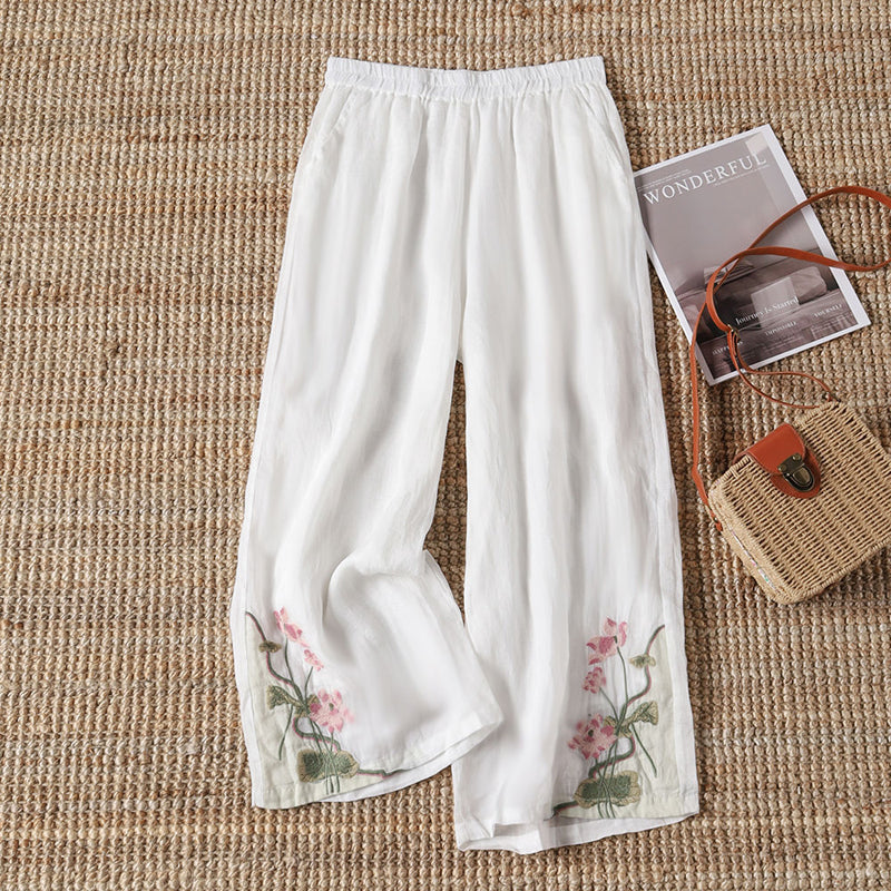 【100% Cotton】 Casual Trousers with Embroidered Flowers