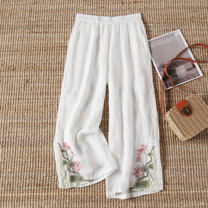 【100% Cotton】 Casual Trousers with Embroidered Flowers