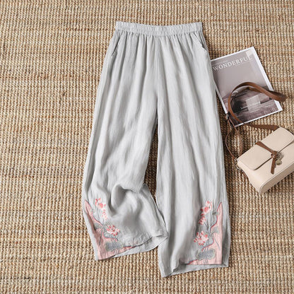【100% Cotton】 Casual Trousers with Embroidered Flowers