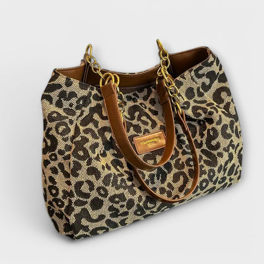 Aurellia - Leopard Print Canvas Shoulder Bag with Pockets, Ideal for School and Shopping