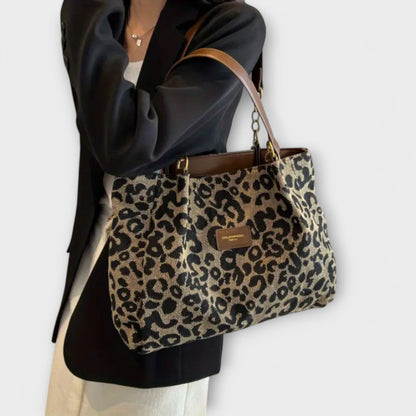 Aurellia - Leopard Print Canvas Shoulder Bag with Pockets, Ideal for School and Shopping