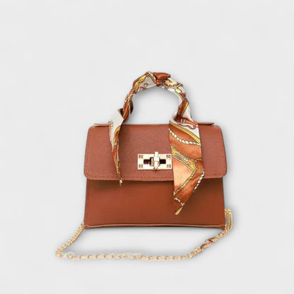 Aurellia Handbag - Brown Leather, Gold Closure, Scarf Handle, Stylish and Versatile